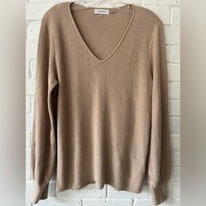 Calvin Klein V Neck Sweater Beige Sz S Ribbed Knit Long Sleeve Pullover Tunic.